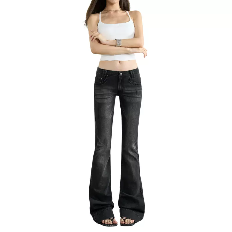 牛仔工厂定制OEMODM黑灰色牛仔裤女美式辣妹复古修身弹力微喇裤子