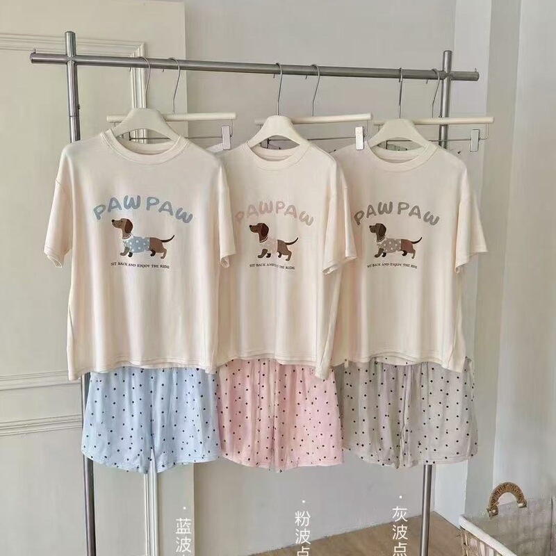 Msusu Cotton Puppy Set Spring and Summer New Style Lyocell Polka Dot Dog Pajamas Loose and Comfortable Home Wear for Women