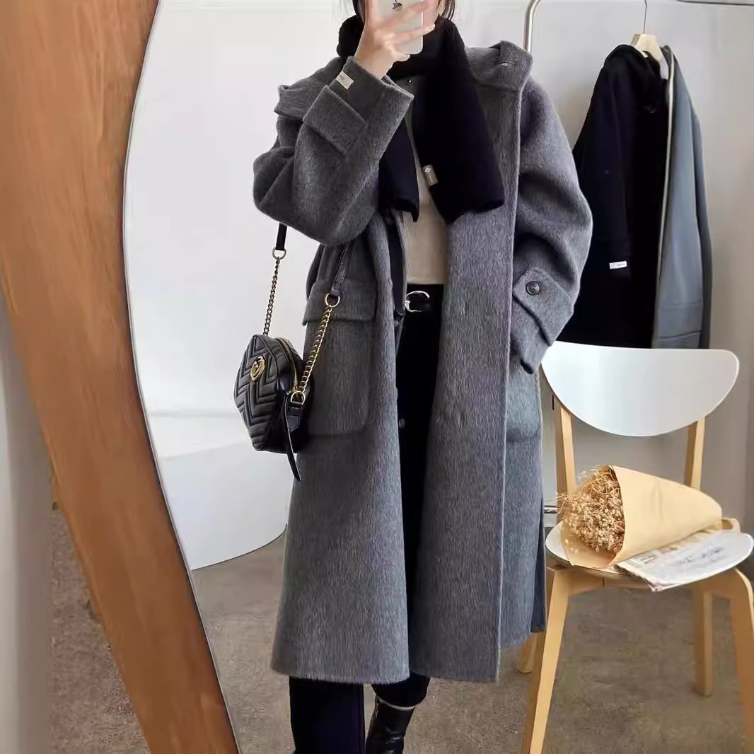큰 라펠 칼리지 스타일 후드 데미지 버튼 양면 울 코트 루즈핏 슬림핏 나이 감소 여성용 코트