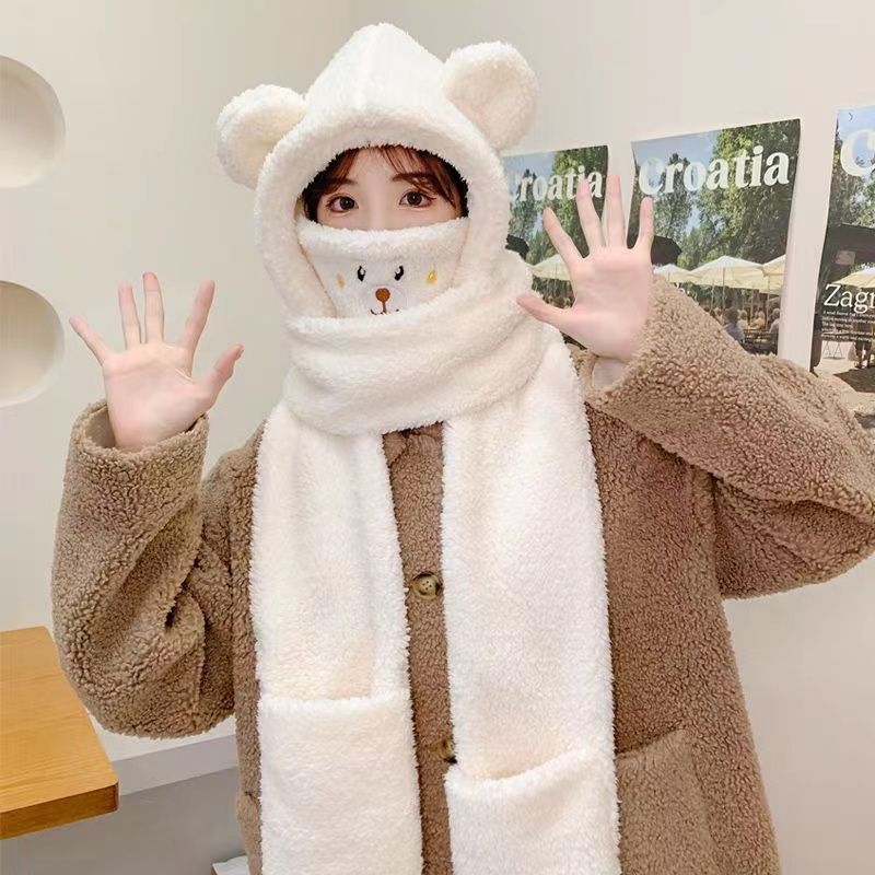 ベアーマスク帽子マフラー三点セット一体手袋四点セット冬帽子保温ぬいぐるみニット帽子カバー|undefined