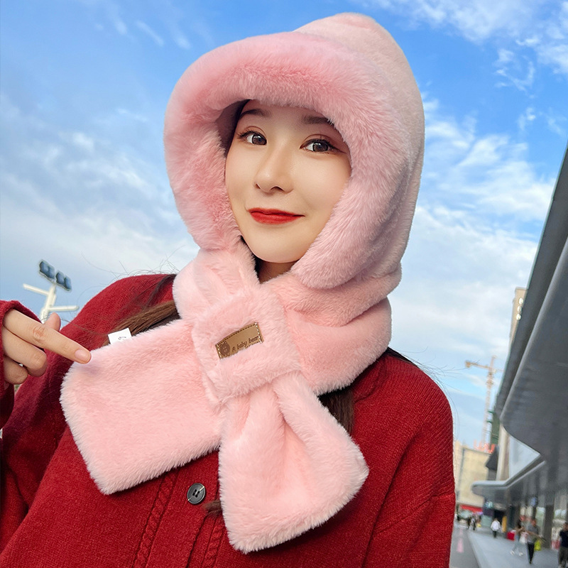 봉제 모자 여성 겨울 한국어 버전 따뜻한 사이클링 두꺼운 모자 스카프 2 피스 세트 토끼 모피 귀 보호 모자 방한 모자