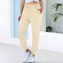 欧美跨境外贸亚马逊春秋新款纯色运动休闲口袋束腰束脚女装休闲裤