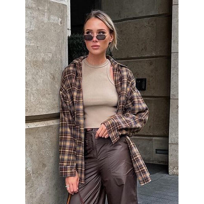 2024 Europe Station Cross-border Spring Retro Plaid Shirt Women's Long Design Sense Base Plaid Shirt Loose 2024 Europe Station Cross-border Spring Retro Plaid Shirt Women's Long Design Sense Base Plaid Shirt Loose