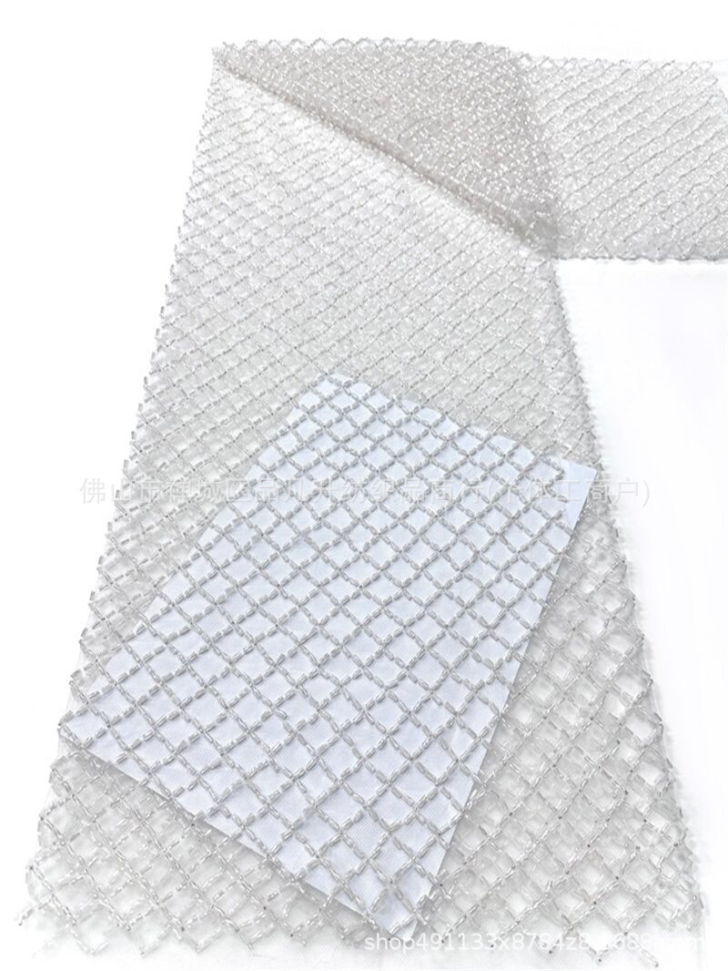 Tejido de bordado de cuentas de tubo de diamante, tela de vestido de boda de alta gama, tela de bordado de sequilla en stock