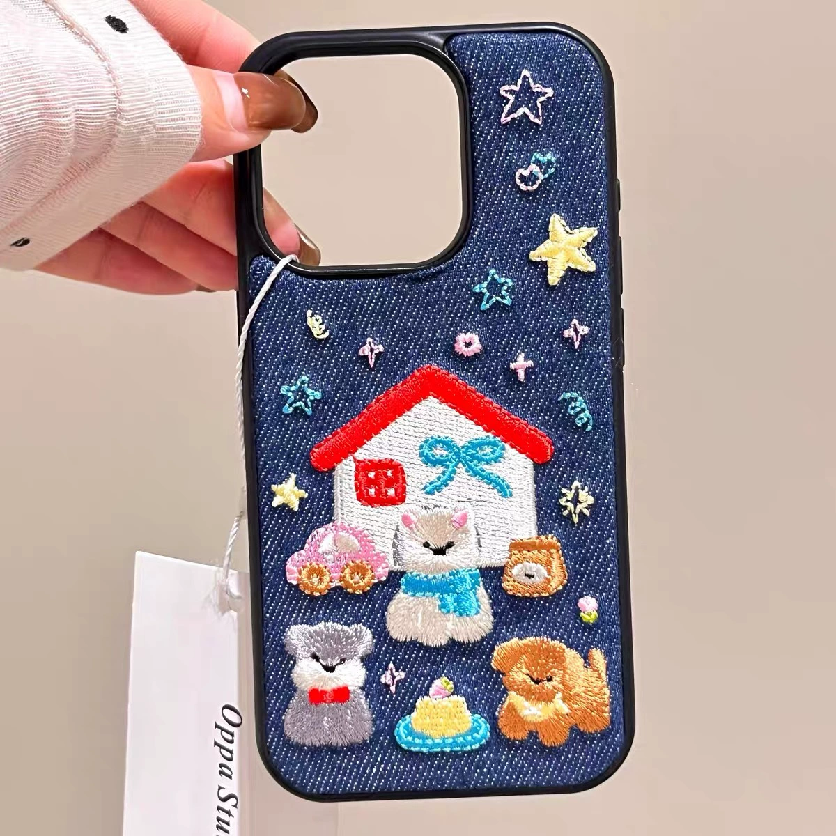 Корейский осенне-зимний джинсовый чехол с вышивкой, подходит для 16 Pro Max/15 Pro/13, забавный домик для собачки, милые стили