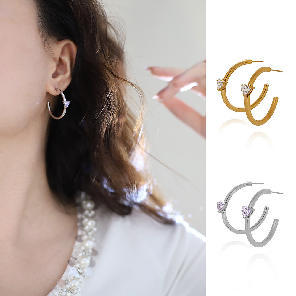 Ed205 Cross-Border European and American Minimalist Style Chic Versatile Hoop Earrings with Heart Zircon Lavender Purple Diamond Titanium Steel Earrings
