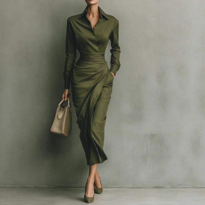 Cross-Border Amazon Europe and America 2025 New Autum Slim Long-Sleeved Dress Feminine Elegant Shirt Collar Long Skirt