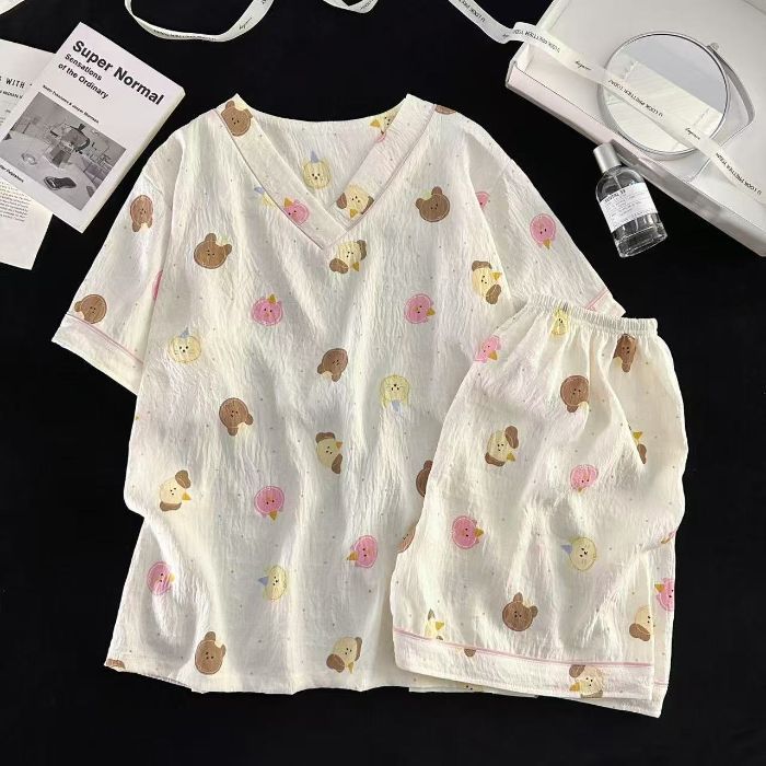 Vietnam transfronterizo al por mayor verano nuevo pijama de algodón con nube con cuello en V pantalones cortos de manga corta para mujer traje de servicio a domicilio para estudiantes de dibujos animados