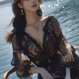 法式名媛风黑色雪纺连衣裙春夏女装2026年新款女超好看V领小裙子