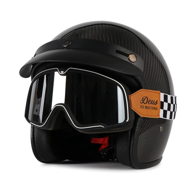 Summer All-Season Universal Safety Helmet, Motosiklet dəbilqələri - m-3k-carbon-fiber-bright-black-black-and-white-checkered-goggles-free-hat-brim-face-towel