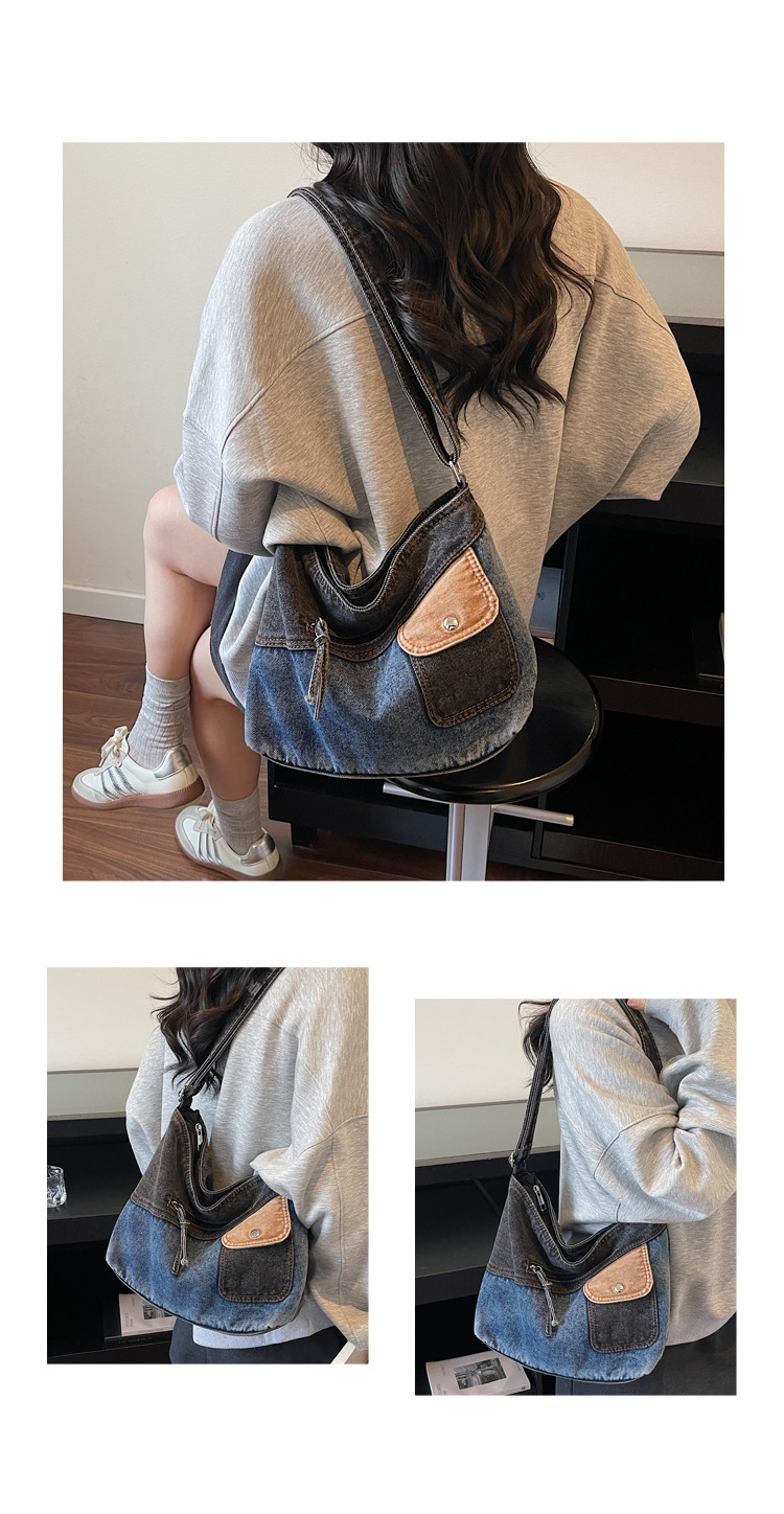 Colorblock Multi Pocket Washed Denim Tote Bag 17