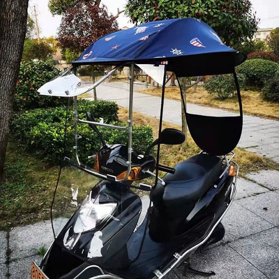 shield, new two-wheeled model, Elektromobil üçün ön şüşə çətiri (günlük) - high-definition-sliding-window-sun-protection-tarpaulin-in-navy-blue-with-dolphin-design-rain-curtain-the-car-has-a-rearview-mirror