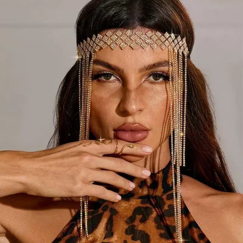 Carefully Selected Cross-Border Popular Exotic Style Retro Forehead Chain, Tassel Rhinestone Elastic Headband, Western-Style Headwear