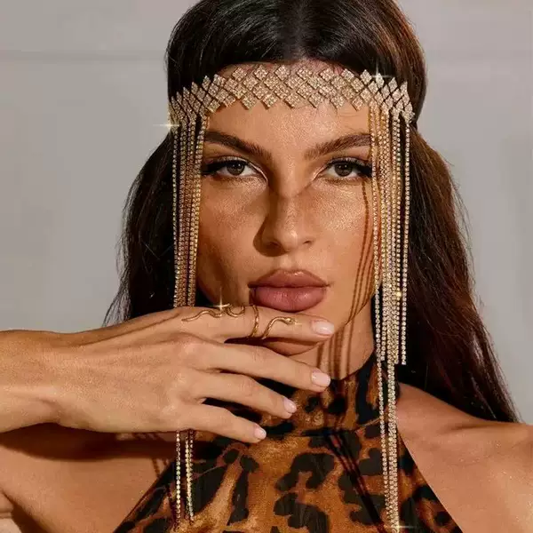 Carefully Selected Cross-Border Popular Exotic Style Retro Forehead Chain, Tassel Rhinestone Elastic Headband, Western-Style Headwear