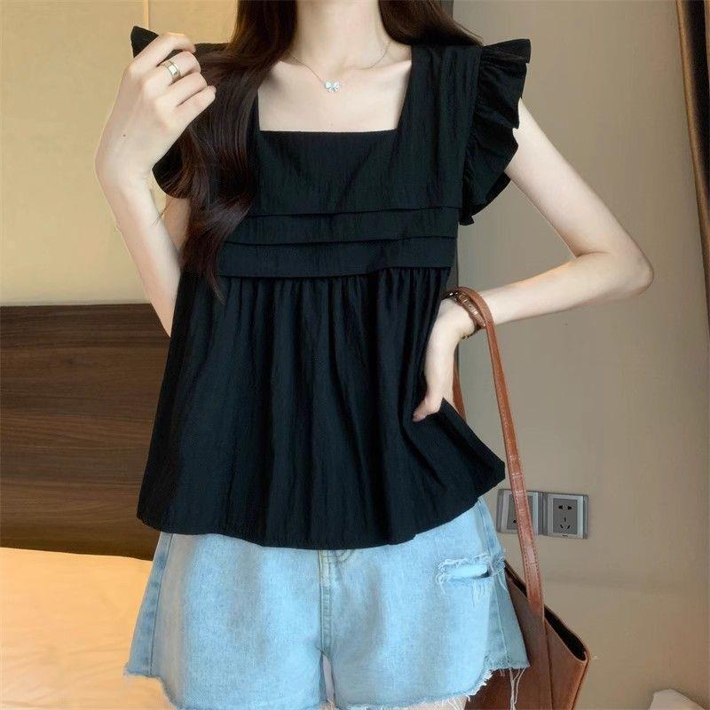 French-style square-neck versatile sweet shirt, round-neck new summer vintage design, slim-fit short doll-style top French-style square-neck versatile sweet shirt, round-neck new summer vintage design, slim-fit short doll-style top
