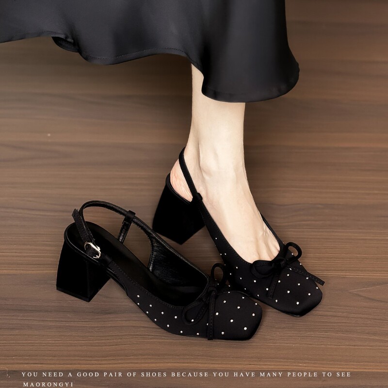 Sheepskin Version 2026 New Style Bowknot Black Single-Strap Closed-Toe Sandals for Women, Summer Satin Chunky High Heels