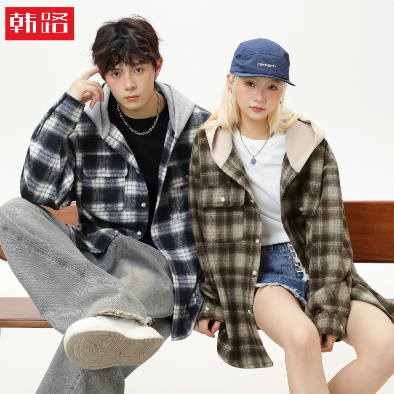 Brushed Plaid Color-Blocked Hooded Long-Sleeve Shirt, Autumn Style, Trendy Brand, Loose Retro Cardigan Shirt Jacket Brushed Plaid Color-Blocked Hooded Long-Sleeve Shirt, Autumn Style, Trendy Brand, Loose Retro Cardigan Shirt Jacket
