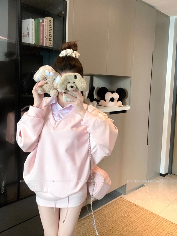 甜美学院风条纹拼接翻领假两件卫衣半身裙女2025秋季新款时尚套装|undefined