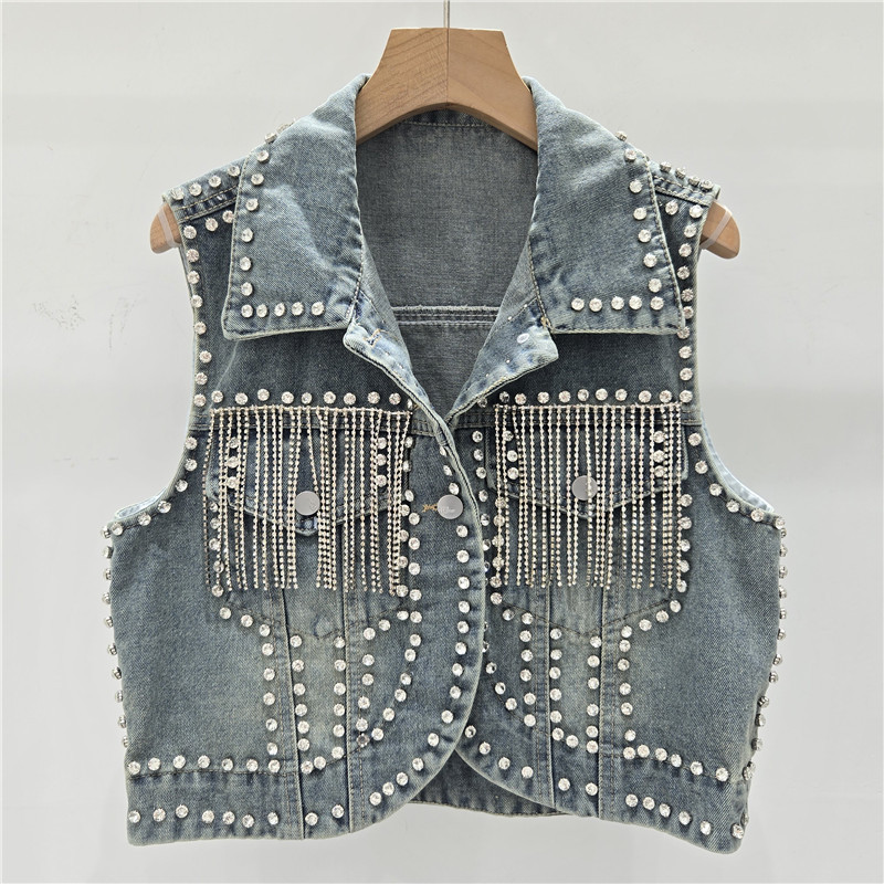 industria pesada diamante chaqueta denim mujer primavera y verano 2026 nuevo suelto delgado versátil chaleco sin mangas de mercadería europea