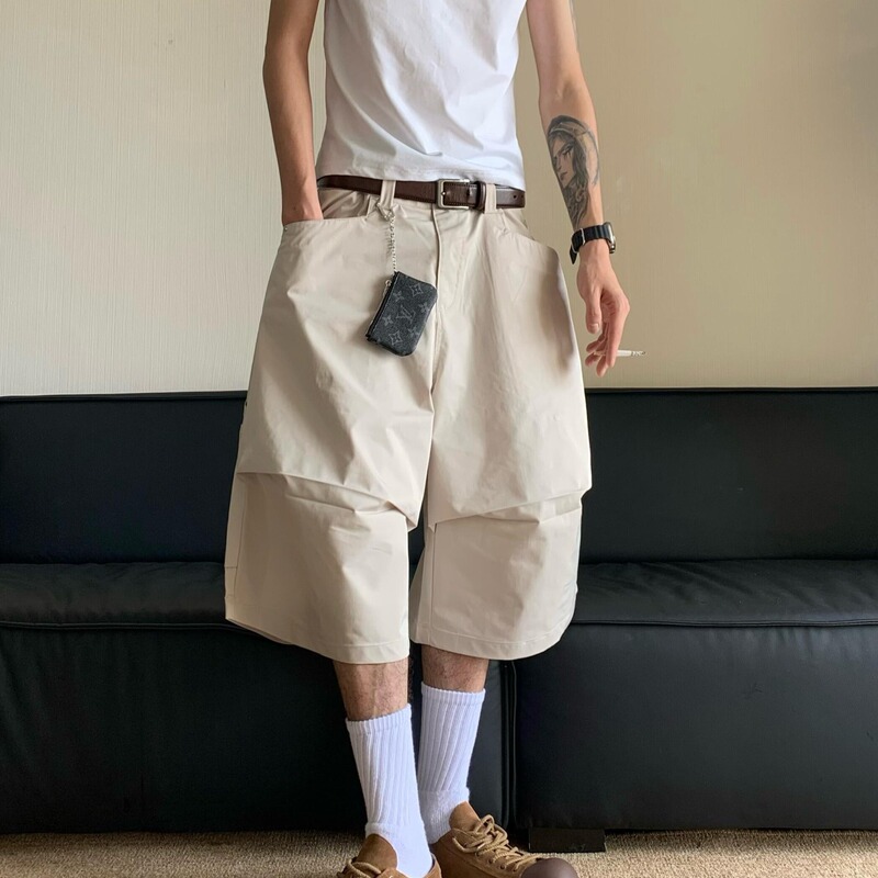 Summer Thin American Retro Pleated Cargo Loose Shorts Men's Wide-Leg Lumberjack Cropped Pants