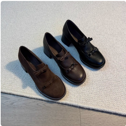 Double Bow Elephant Print First Layer Soft Leather Playful Round Toe Chunky Heel Deep-Cut Loafers for Women