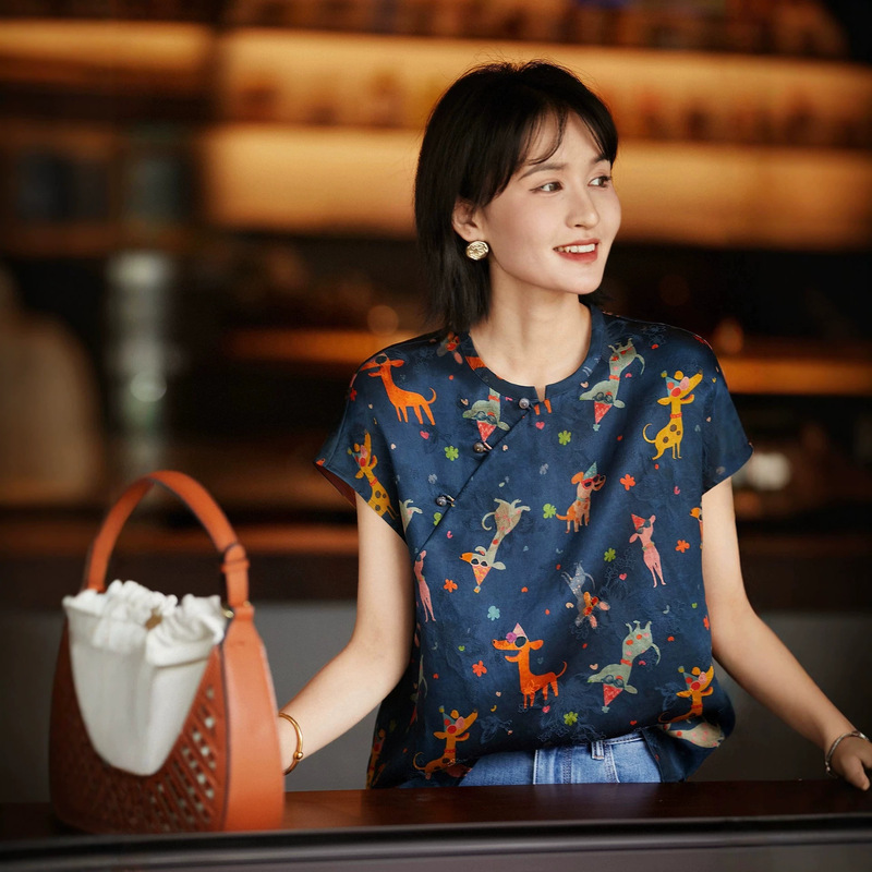 New Chinese Style 2026 Summer Silk Shirt, Cute Style, Real Silk Shirt, Xiangyunsha Satin, Jacquard Top, Blouse New Chinese Style 2026 Summer Silk Shirt, Cute Style, Real Silk Shirt, Xiangyunsha Satin, Jacquard Top, Blouse