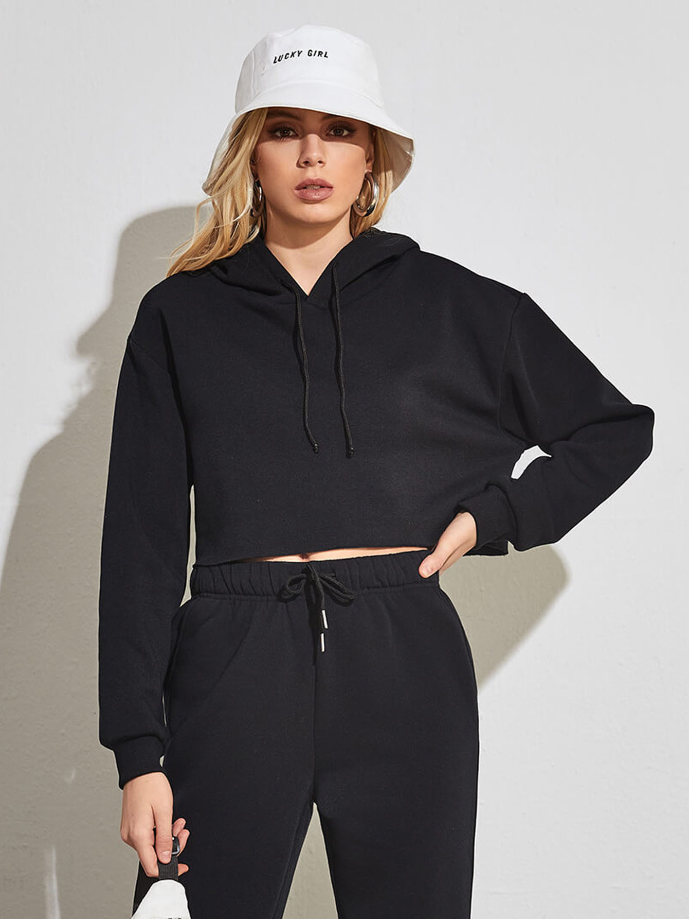 Fleece Solid Color Short Navel-Exposed Hooded