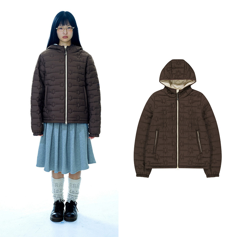 Now 2025 New Winter Korean Designer Coy*Eio Casual Style Star Pattern Hooded Cotton Jacket