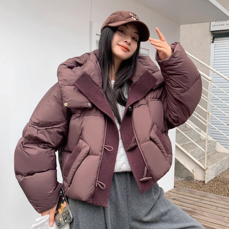 韩版时尚短款加厚白鸭绒面包服女2025新款针织拼接保暖羽绒服外套|undefined