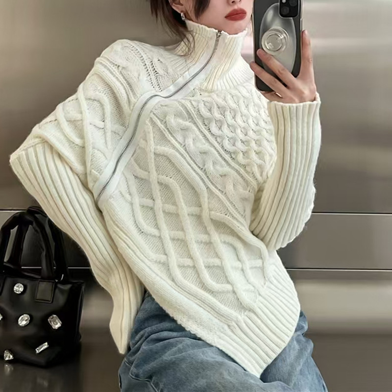 Autumn and Winter Lazy Loose Twist Knitted Cardigan Jacket Trendy Design Asymmetrical High Collar Zipper Sweater for Women to Wear Outside