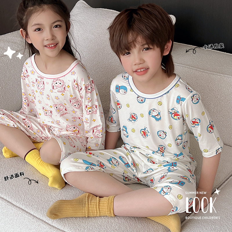 Children's Summer Pajamas Set Boy's Cartoon Modal Home Clothes Baby Girl's Cropped Sleeve Cropped Pants Air-conditioning Clothes