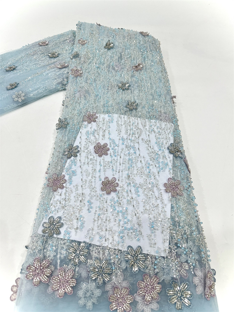 Multicolor decalca hecha a mano tubo de perlas bordado tela de malla pequeña cena de hadas fresca vestido de boda tela de vestido