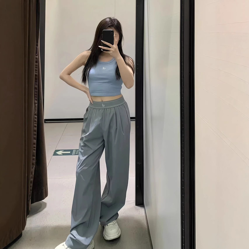 Aloo High-Waisted Women's Yoga Straight-Leg Casual Pants with Reflective Logo Print on the Leg, Elastic Waist, Versatile Woven Pants, Trendy Aloo High-Waisted Women's Yoga Straight-Leg Casual Pants with Reflective Logo Print on the Leg, Elastic Waist, Versatile Woven Pants, Trendy