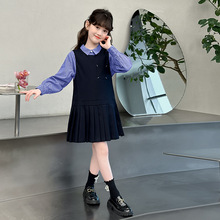 女童学院风连衣裙套装春秋装2025新款女孩格子衬衫背心裙两件套潮