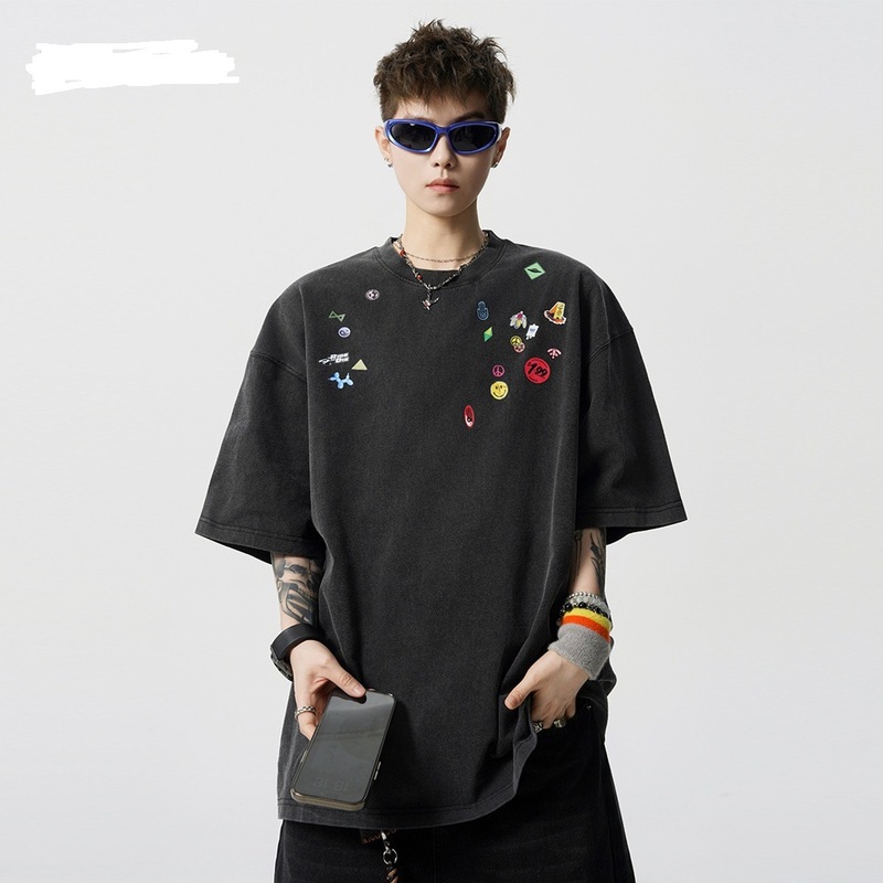 アメリカン楽しいステッカー印刷半袖男性と女性の夏のヘビートレンディなハイストリートTシャツハイストリートルーズ半袖トップ|undefined