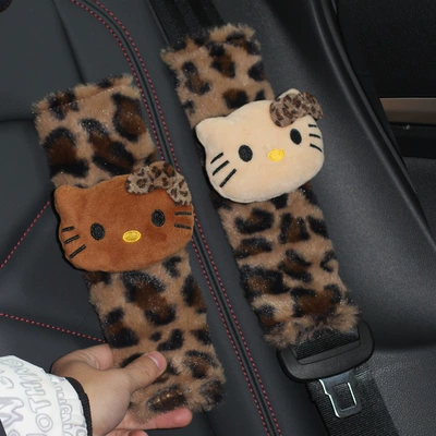 Seat belt shoulder pad Cute Cartoon Plush Seat Belt - leopard-print-dark-light-color-cat-shoulder-pads-2-pieces