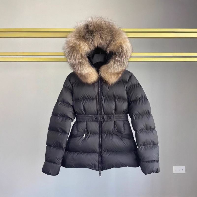 Down Jacket with Waist Slimming Fox Fur Collar Belt Hooded Mid-Length Goose down Winter Warm Jacket Mk