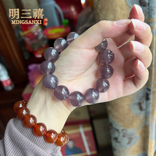Natural agate chalcedony bracelet violet emperor purple ice red agate solid color bracelet round bead white men and women