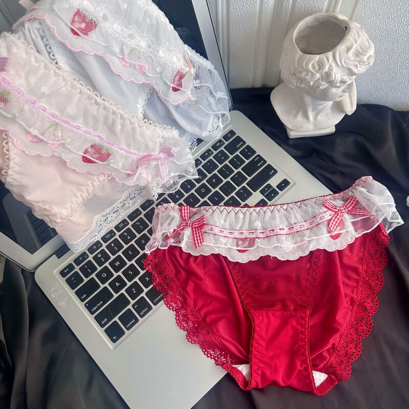 Japanese-Style Sweet Ruffle Thong Comfortable Young Girl Mid-Low Waist Ice Silk Bow Lolita Women's Panties Japanese-Style Sweet Ruffle Thong Comfortable Young Girl Mid-Low Waist Ice Silk Bow Lolita Women's Panties