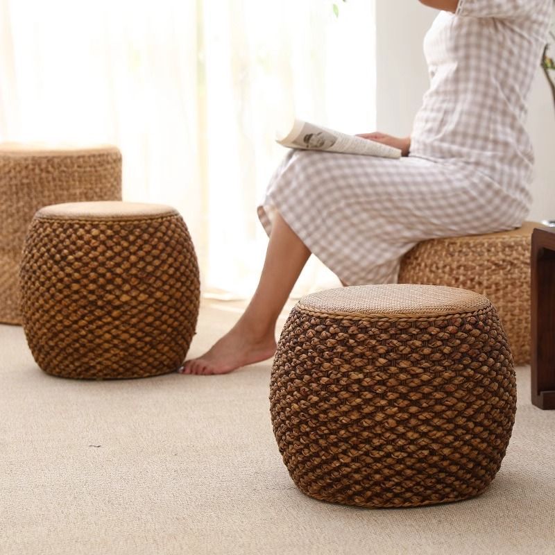 藤中式实木草编化妆矮鼓凳家用客厅茶几换鞋坐墩古筝琴板高圆凳子