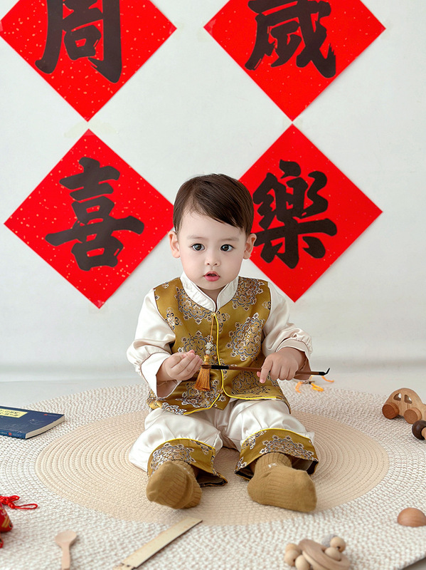 新中式提花仿宋锦面料国风汉服上衣服装面料金色团福周岁服抓周服|undefined