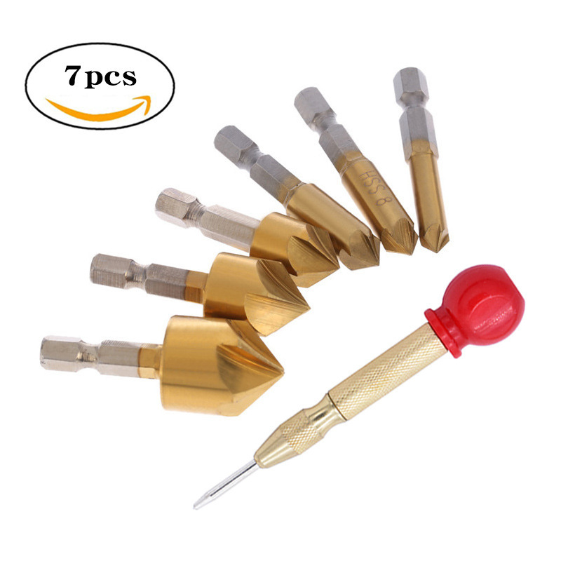 跨境六角柄镀钛五刃倒角器木工去毛刺工具自动中心冲打孔组合套装