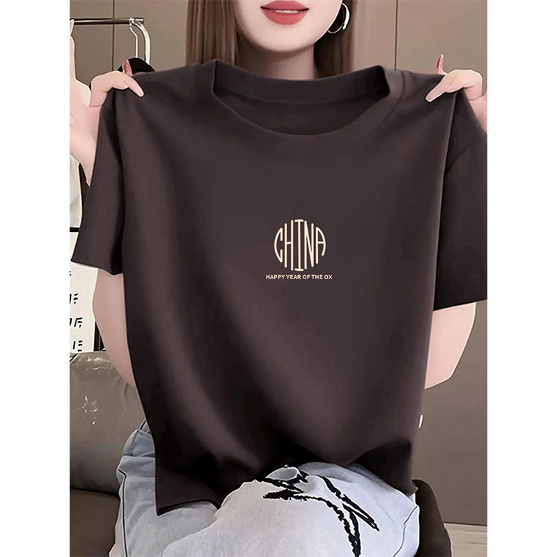 Niche Pure Cotton Regular Shoulder Round Neck Short-Sleeve T-Shirt for Women, 2026 Summer Regular Straight Fit Casual Youthful Top Trendy