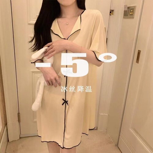 Ladies' Summer Ice Silk Sleep Gown, Loose QQ Dress with Butterfly Bow, Home Short Sleeve Gown, Thin Pajama Dress for Women