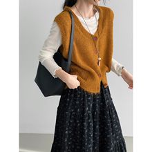 那末 早秋8羊毛v领长驼毛针织马甲女温柔气质叠穿背心坎肩D0732