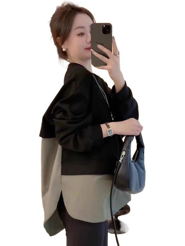 大码设计拼接假两件卫衣女秋季新款胖MM宽松显瘦中长款上衣300斤|undefined
