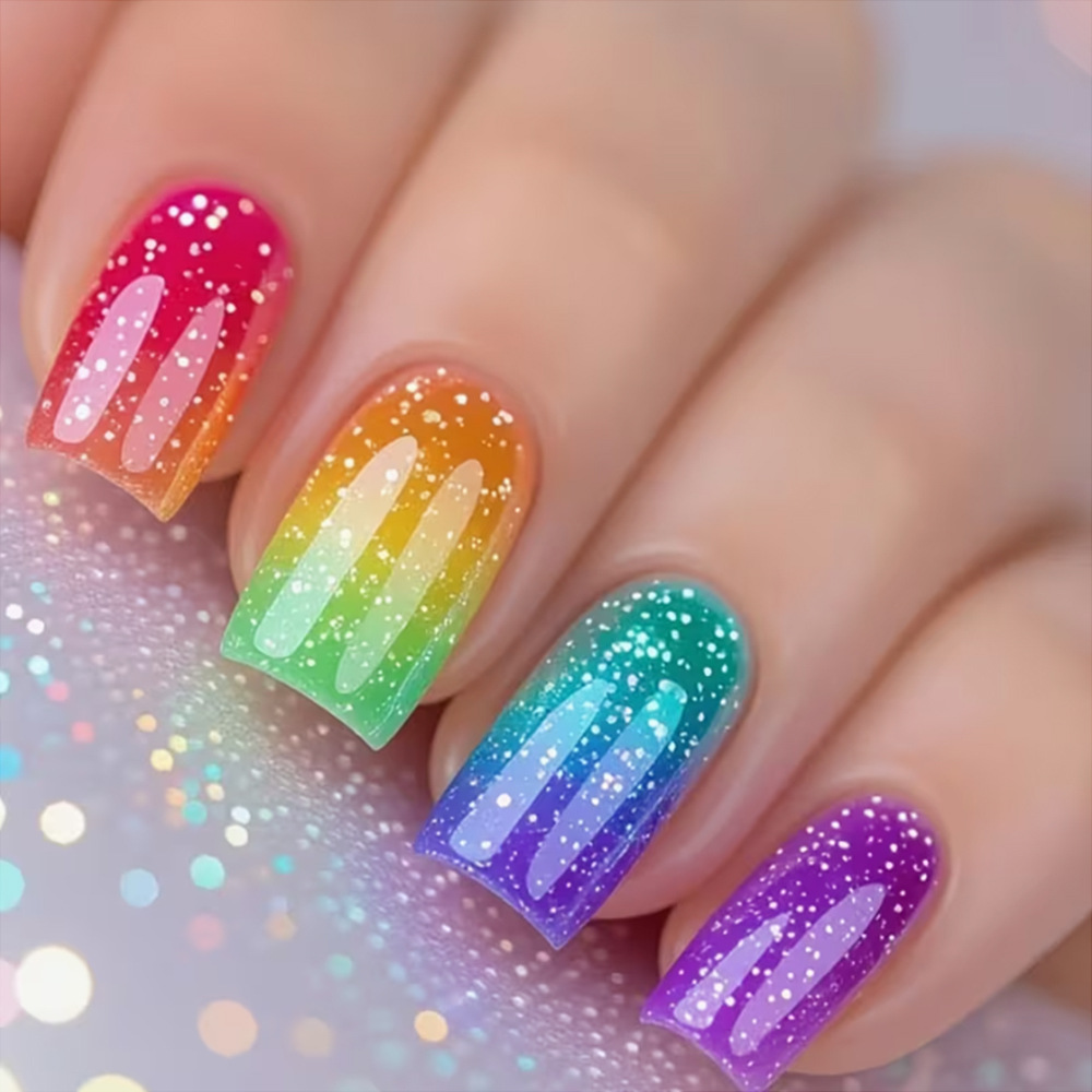 Comercio exterior mejor vendido arco iris gradiente brillo delgado usar uñas 24 piezas dulces y frías fiestas de uñas falsas transfronterizas suministro directo