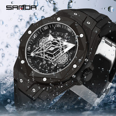 Introducing the new SanDa 7015 quartz skeleton men's watch—stylish, trendy, eye-catching, and creatively designed, complete with a calendar feature and a sleek silicone strap.