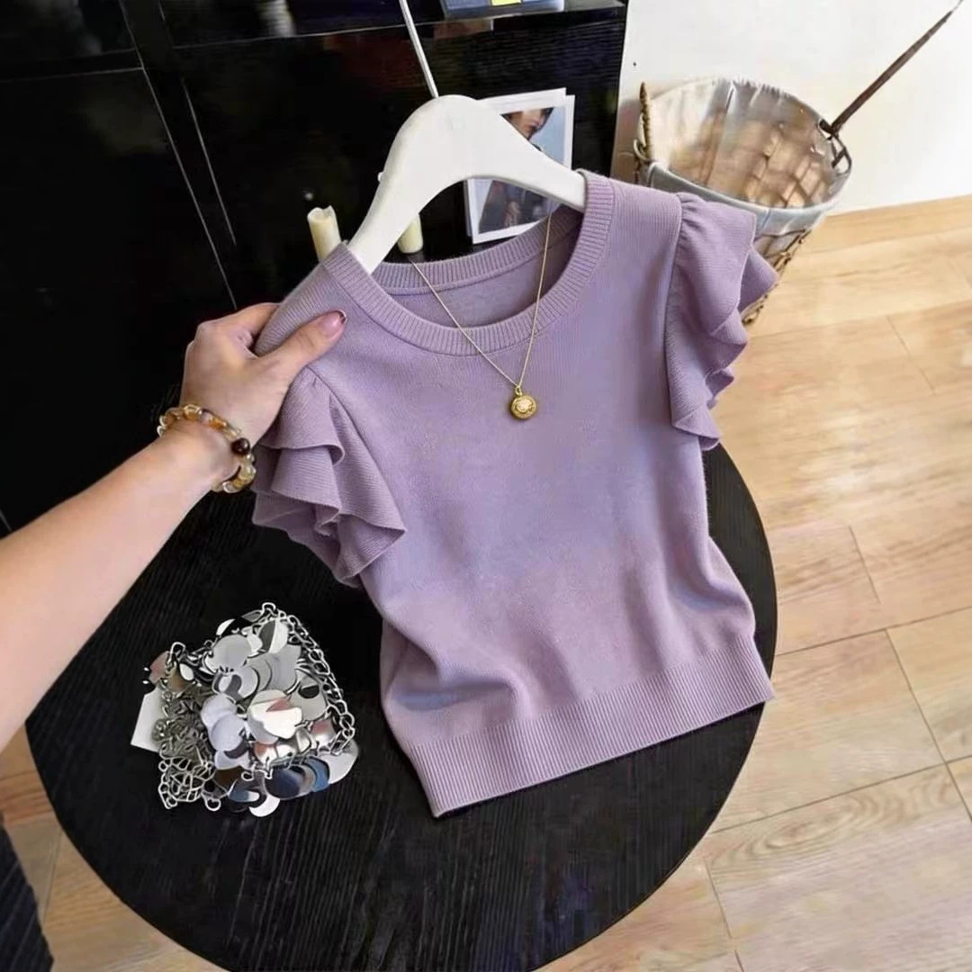 Áo len ngắn tay cổ tròn phối viền ren sóng kiểu Pháp — màu tím chi tiết 1