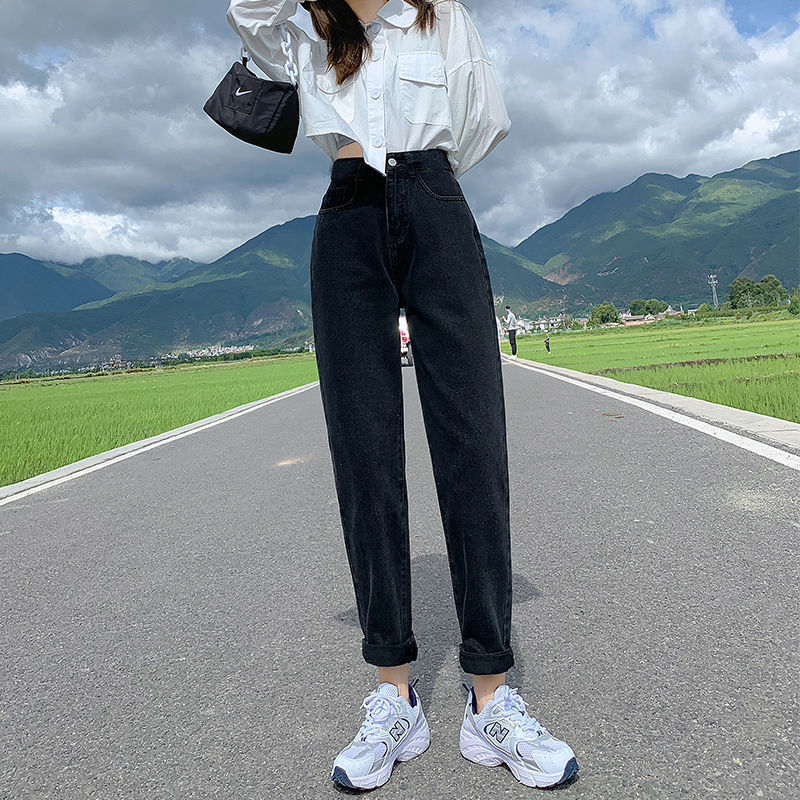 高腰牛仔裤女直筒哈伦裤2025年春秋新款显瘦百搭小个子老爹萝卜裤|undefined